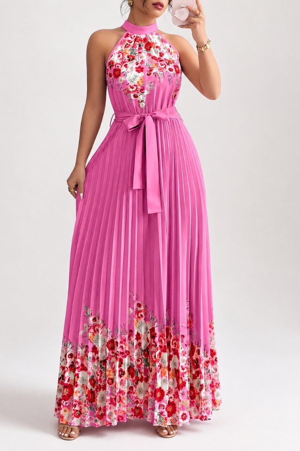 Lilly | Plissee-Midikleid mit Neckholder und Blumendetails
