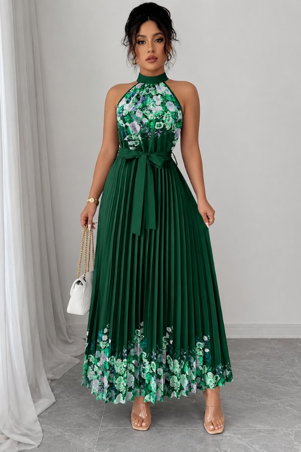 Lilly | Plissee-Midikleid mit Neckholder und Blumendetails