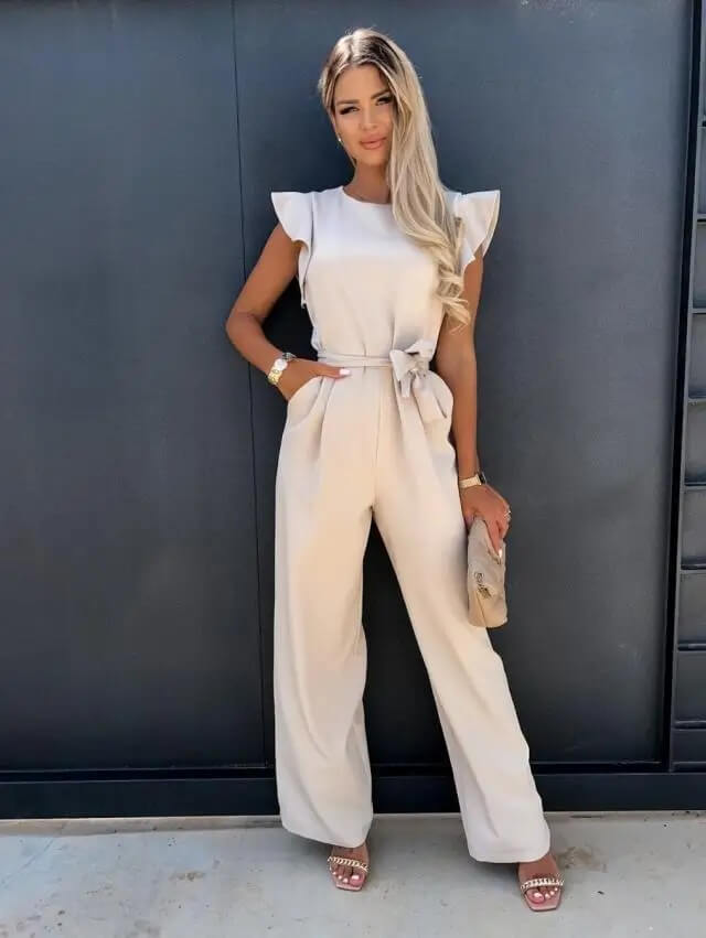 Yvonne | Jumpsuit mit Flatterärmeln, Weitem Bein und Bindegürtel