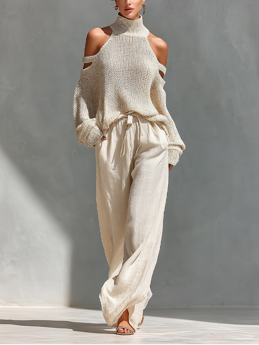 Elena | Cold-Shoulder-Strickset mit Stehkragen und Weithose