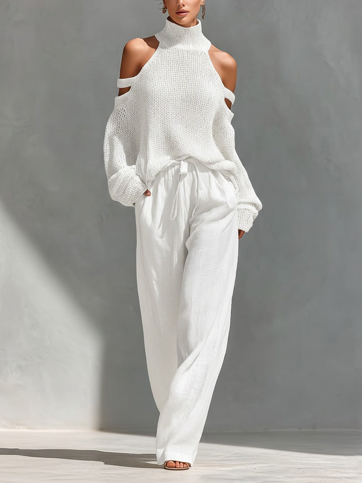 Elena | Cold-Shoulder-Strickset mit Stehkragen und Weithose