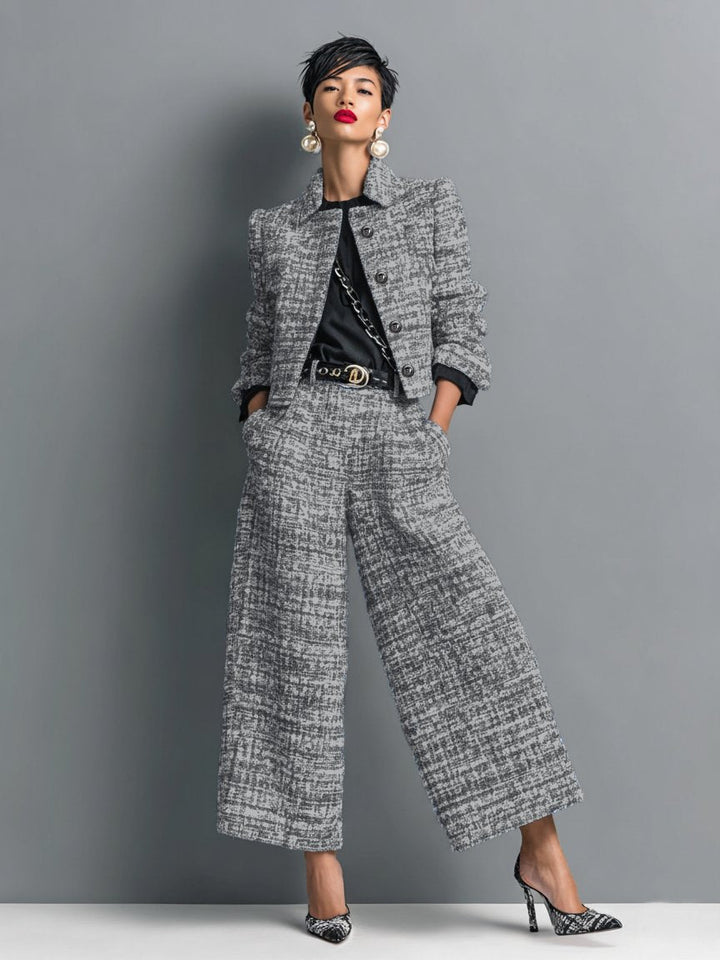 Fleur | Tweed-Zweiteiler mit Kurzjacke und High-Waist-Weithose