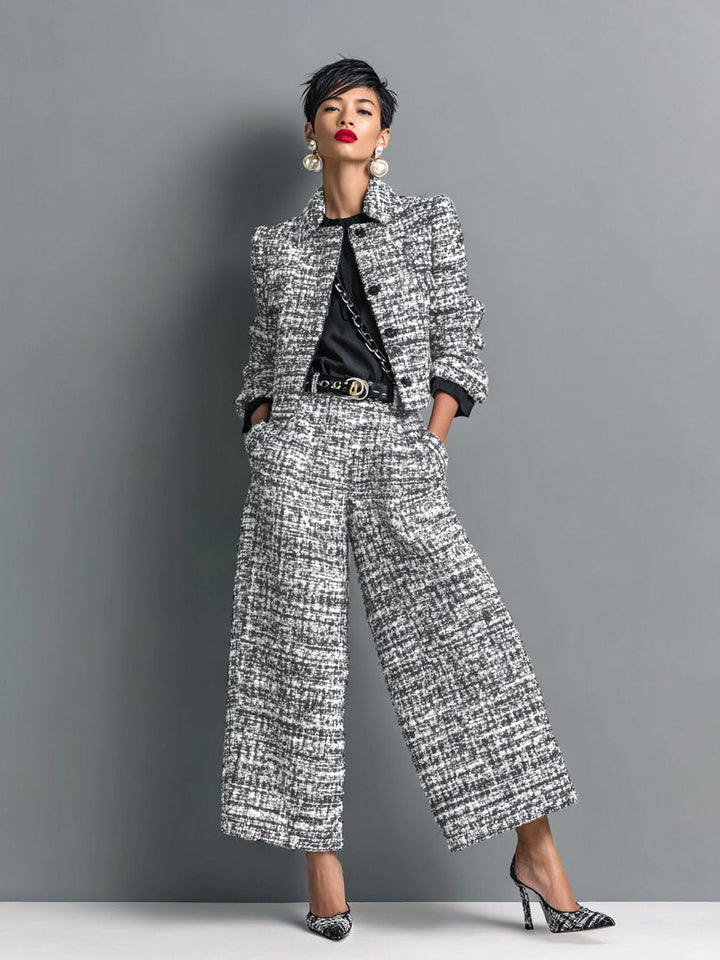 Fleur | Tweed-Zweiteiler mit Kurzjacke und High-Waist-Weithose