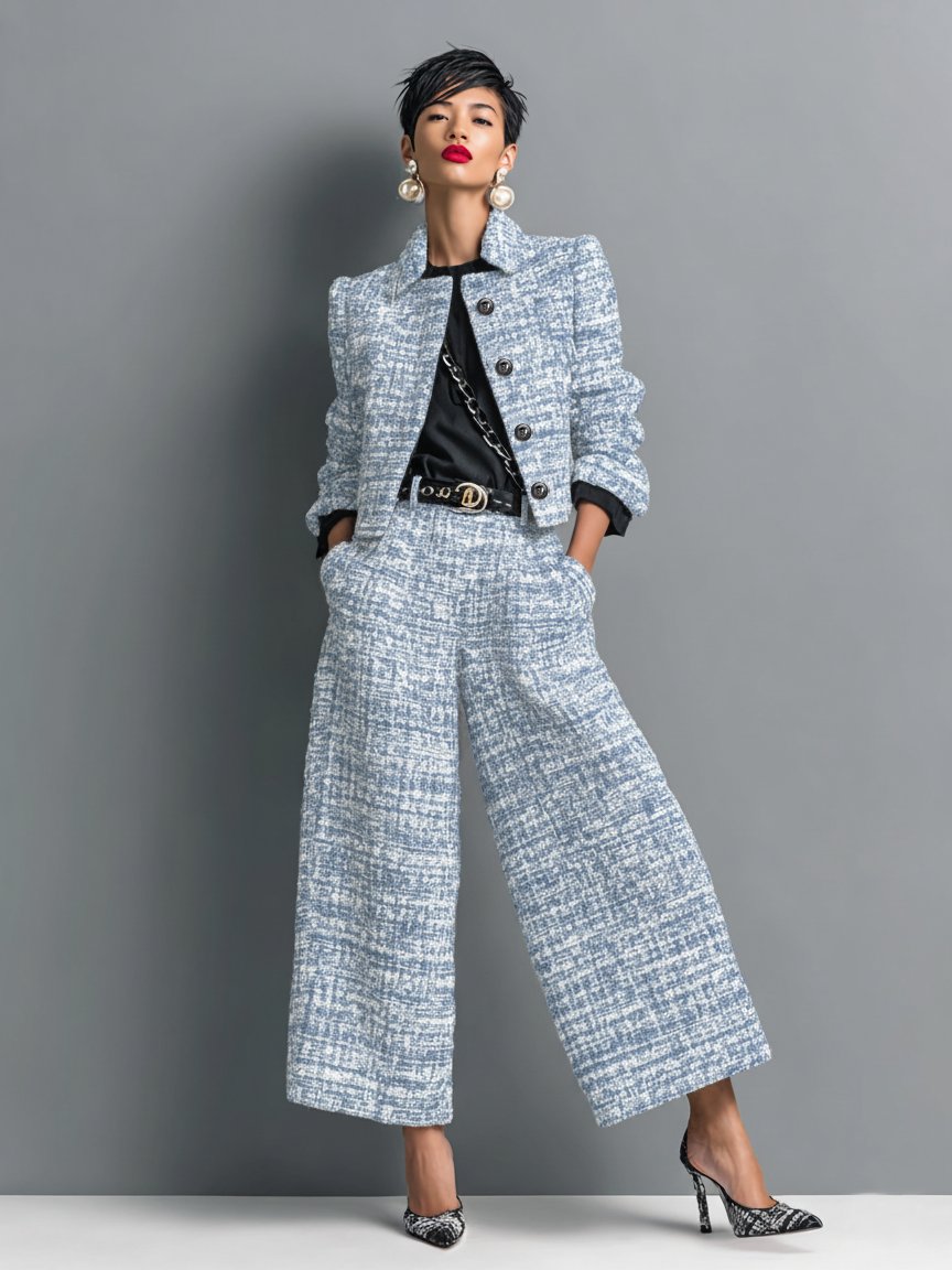 Fleur | Tweed-Zweiteiler mit Kurzjacke und High-Waist-Weithose