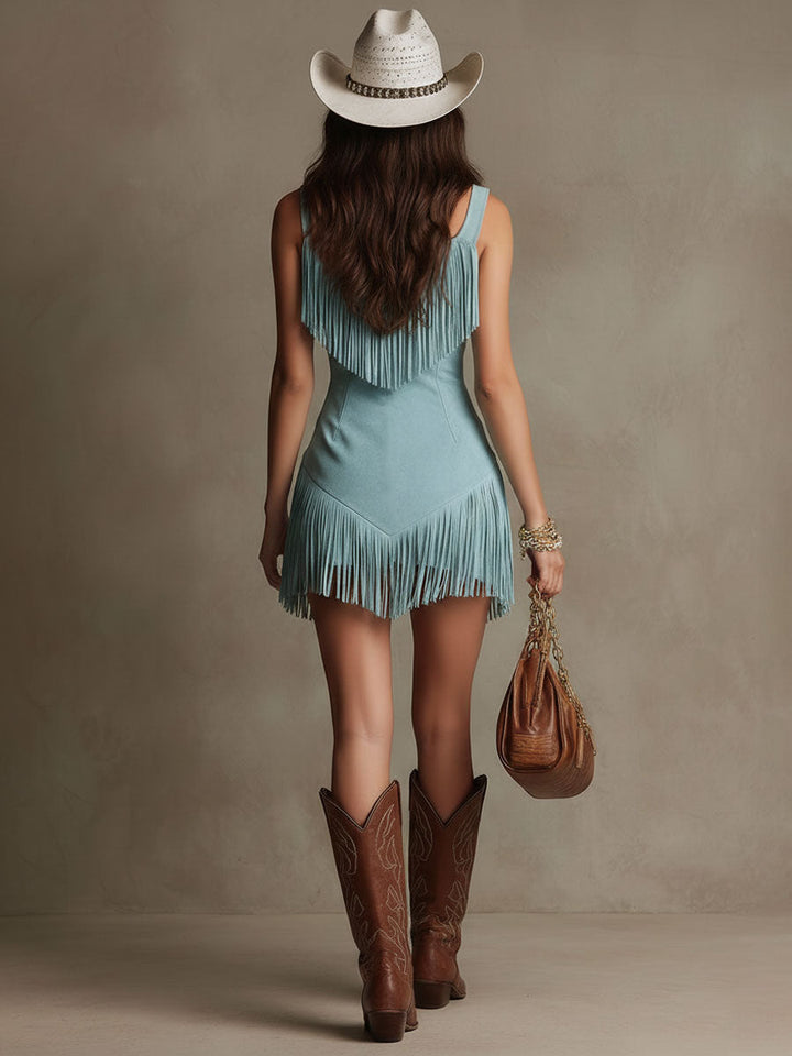 Leni | Ärmelloses Fransen-Minikleid mit V-Ausschnitt im Boho-Stil