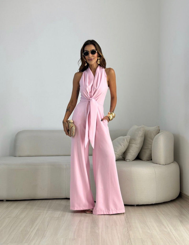 Eleanor | Neckholder-Jumpsuit mit Taillengürtel und weitem Bein