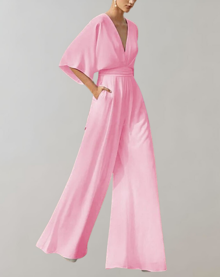 Sophia | Jumpsuit mit V-Ausschnitt, Kurzarm und weitem Bein
