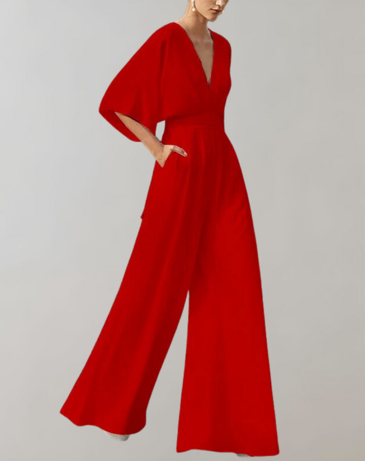 Sophia | Jumpsuit mit V-Ausschnitt, Kurzarm und weitem Bein