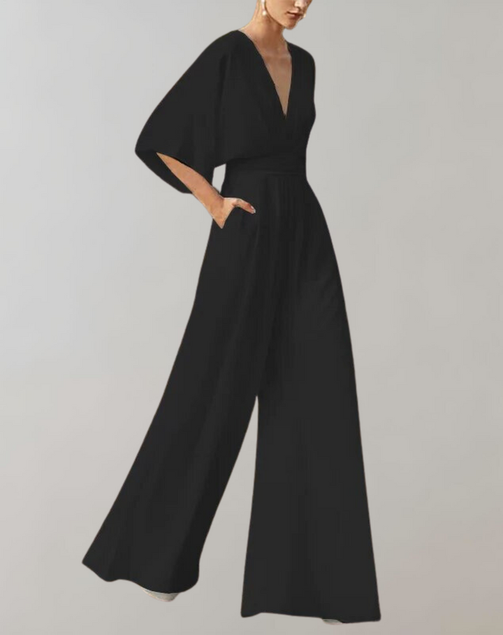 Sophia | Jumpsuit mit V-Ausschnitt, Kurzarm und weitem Bein