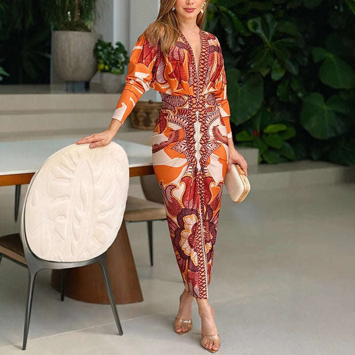 Cleo | Geometrisches Bodycon-Midikleid mit V-Ausschnitt