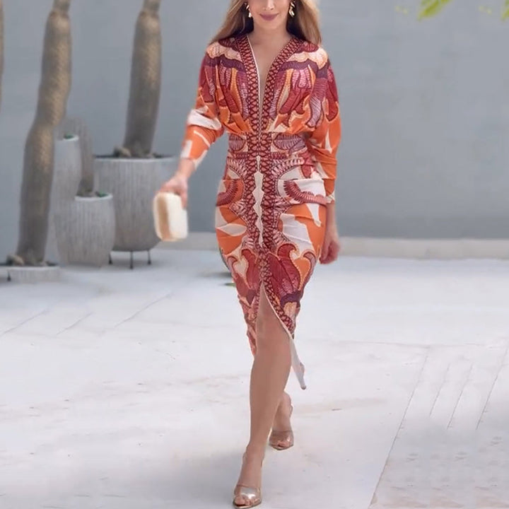 Cleo | Geometrisches Bodycon-Midikleid mit V-Ausschnitt