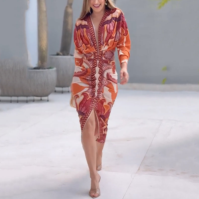 Cleo | Geometrisches Bodycon-Midikleid mit V-Ausschnitt