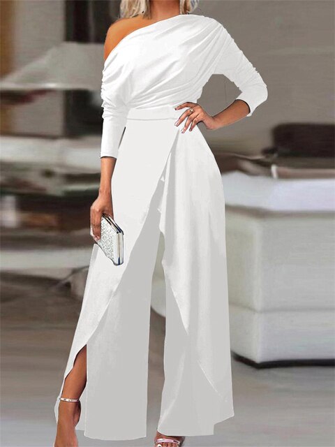 Vanessa | Off-Shoulder-Jumpsuit mit Langarm, Bindegürtel und weitem Bein