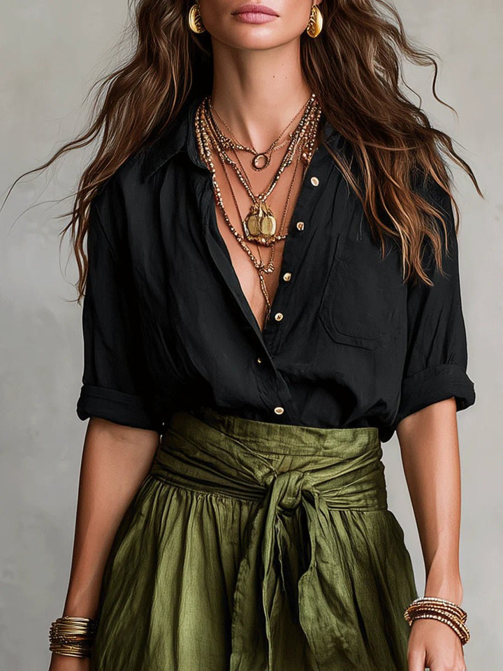 Mila | Zweiteiler mit Knopfbluse und High-Waist-Midirock