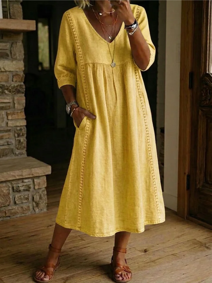 Wanda | Midikleid mit V-Ausschnitt, Dreiviertelärmeln und Seitentaschen