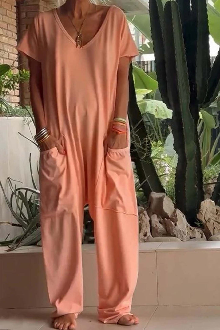 Lina | Jumpsuit mit V-Ausschnitt, Kurzarm, Weitem Bein und Seitentaschen