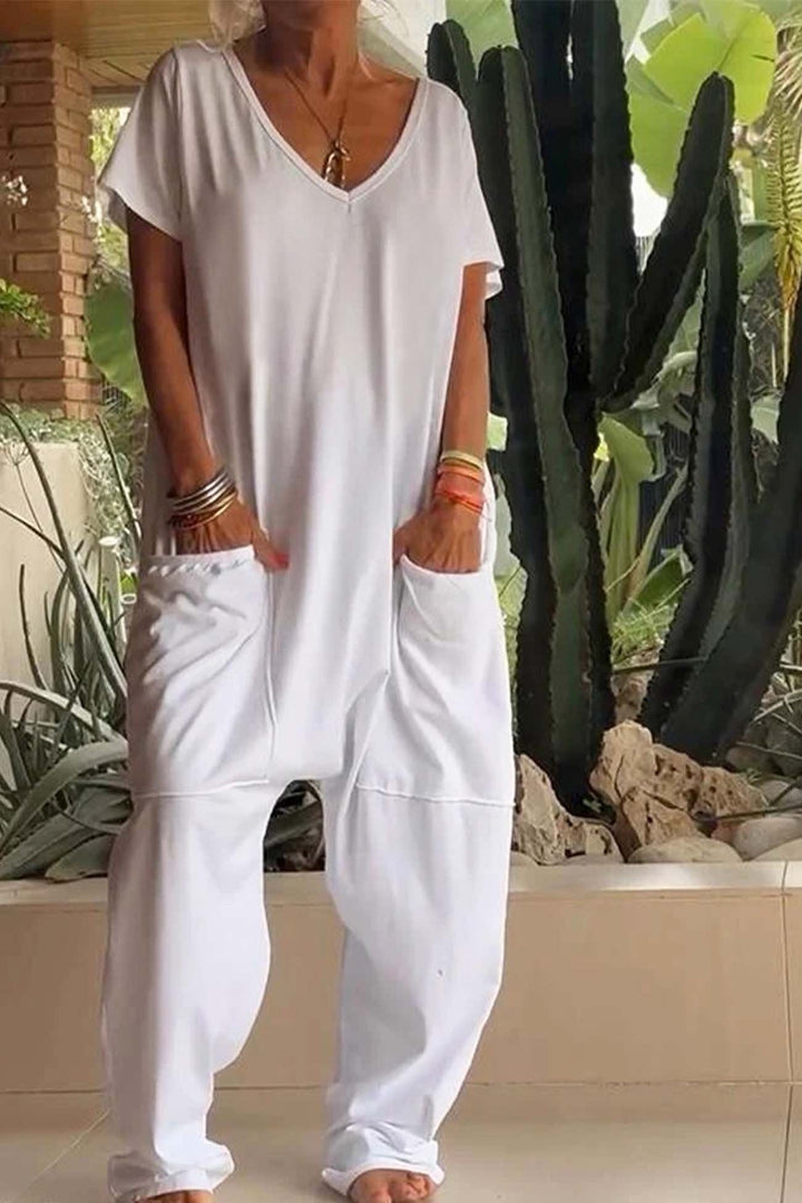 Lina | Jumpsuit mit V-Ausschnitt, Kurzarm, Weitem Bein und Seitentaschen