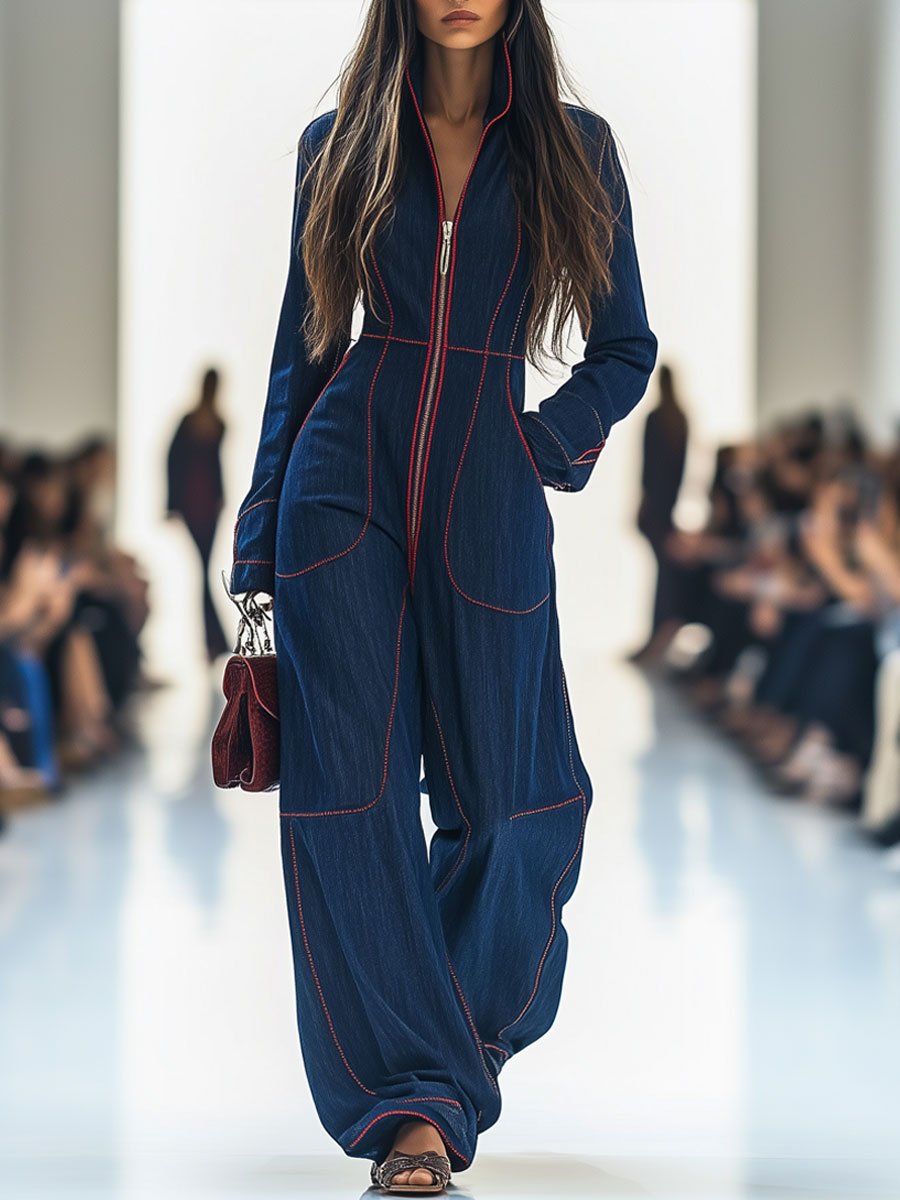 Mila | Langarm-Jumpsuit mit Front-Reißverschluss und weitem Bein