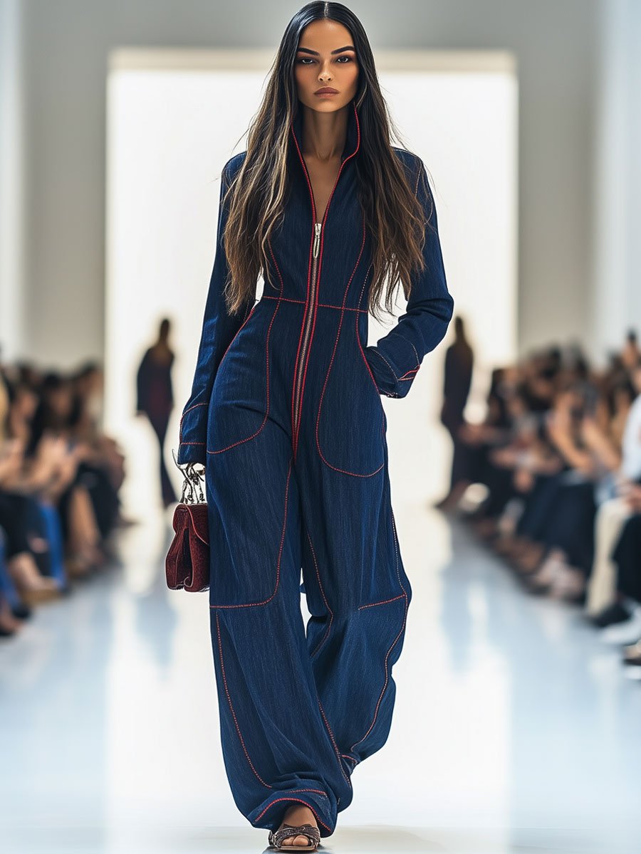 Mila | Langarm-Jumpsuit mit Front-Reißverschluss und weitem Bein