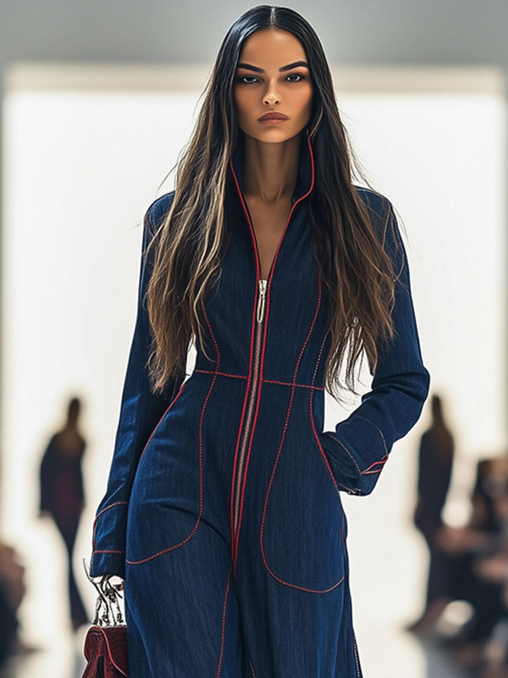 Mila | Langarm-Jumpsuit mit Front-Reißverschluss und weitem Bein