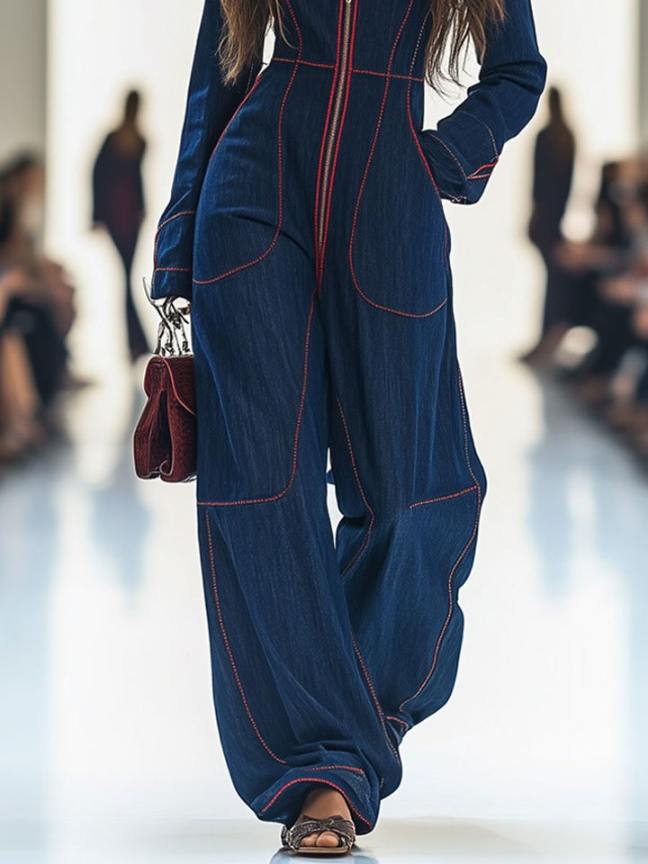 Mila | Langarm-Jumpsuit mit Front-Reißverschluss und weitem Bein