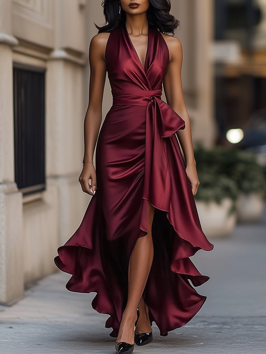 Stephanie | Satin-Maxikleid mit Wickeldesign und hohem Schlitz