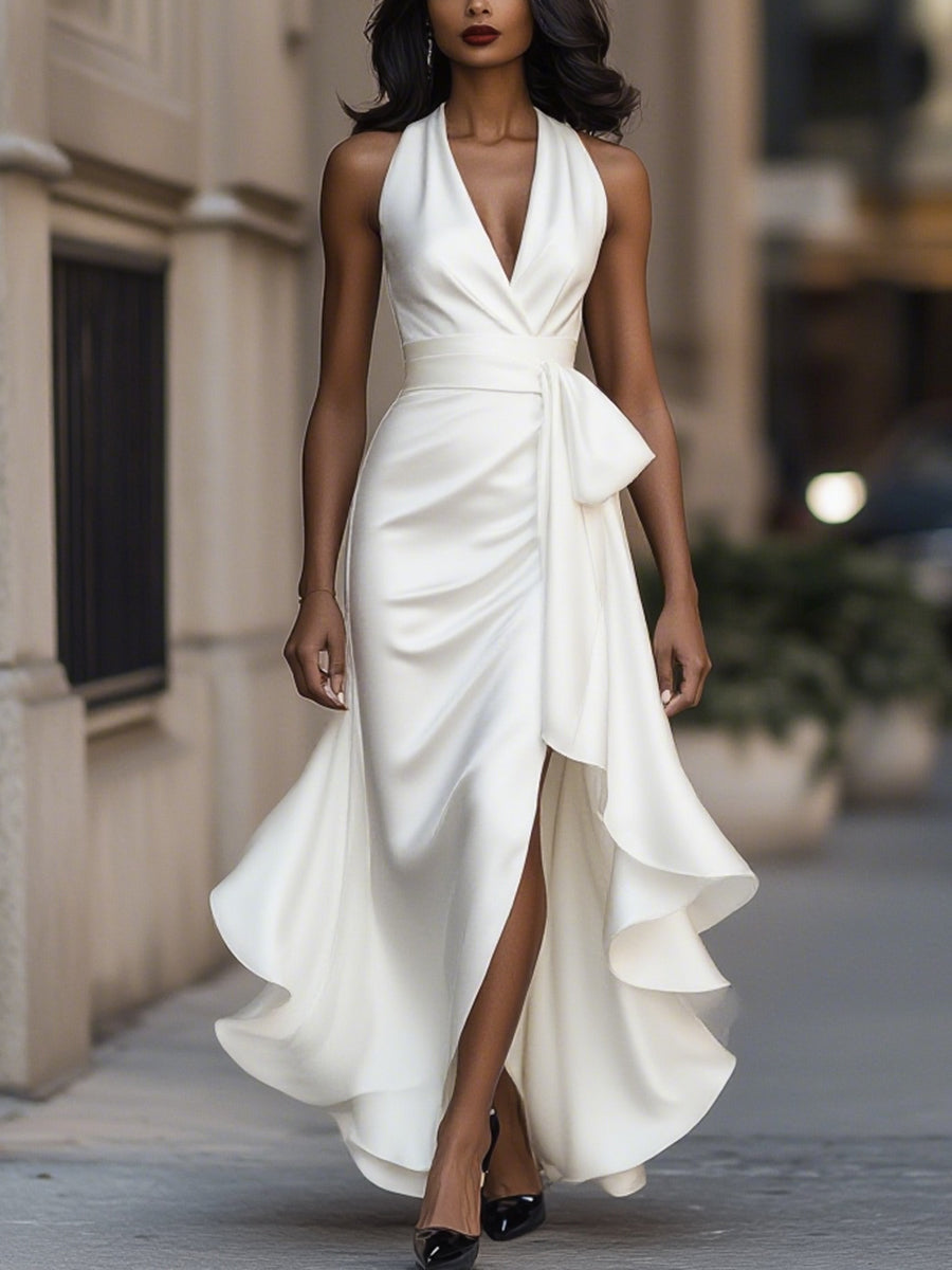 Stephanie | Satin-Maxikleid mit Wickeldesign und hohem Schlitz