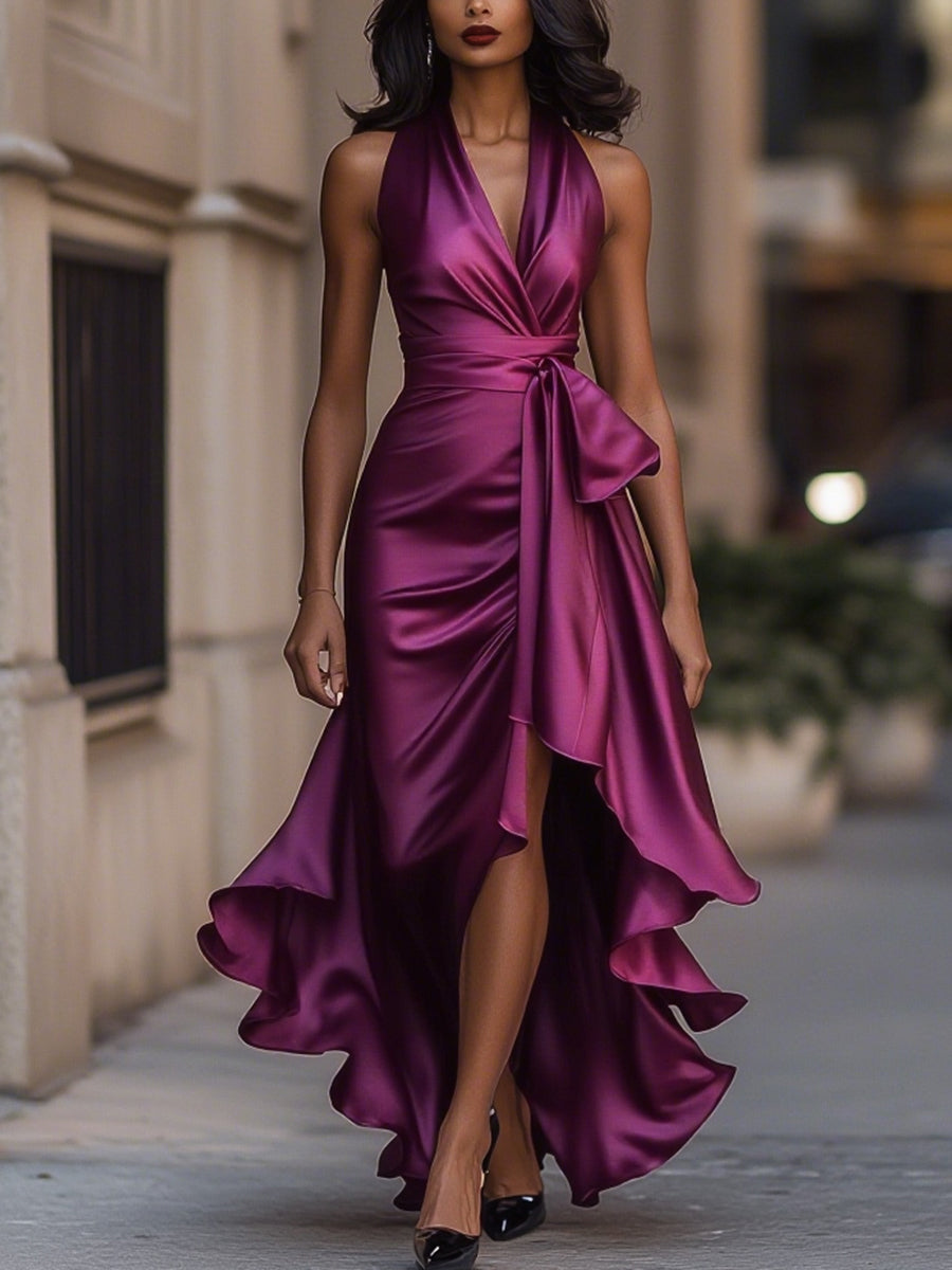 Stephanie | Satin-Maxikleid mit Wickeldesign und hohem Schlitz