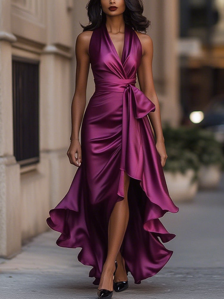 Stephanie | Satin-Maxikleid mit Wickeldesign und hohem Schlitz