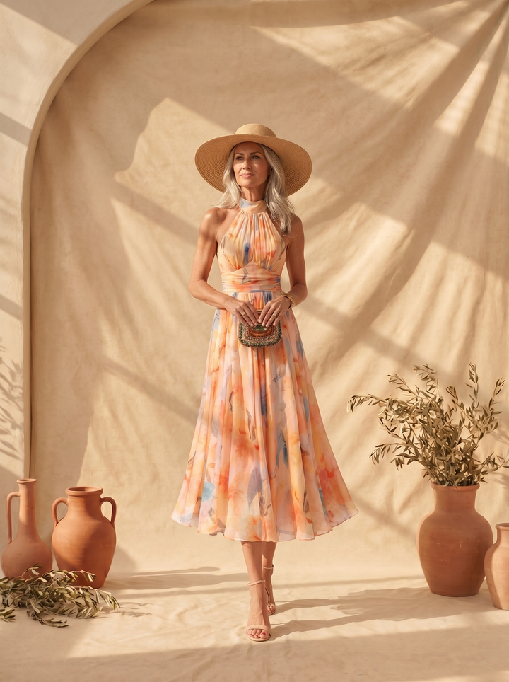 Aurora | Maxikleid mit Halterkragen und Aquarelldruck