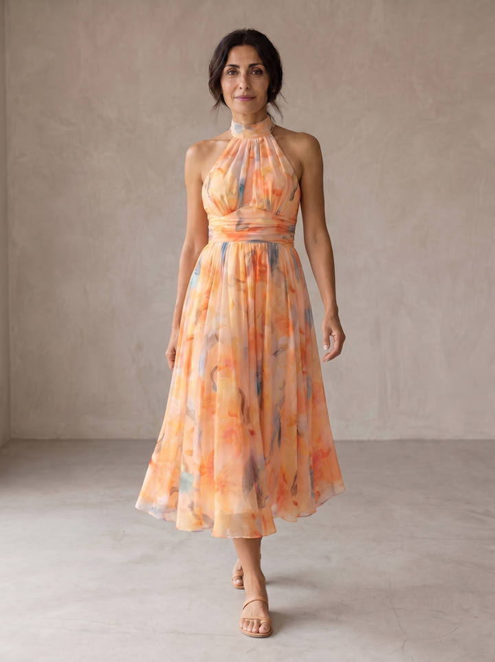 Aurora | Maxikleid mit Halterkragen und Aquarelldruck